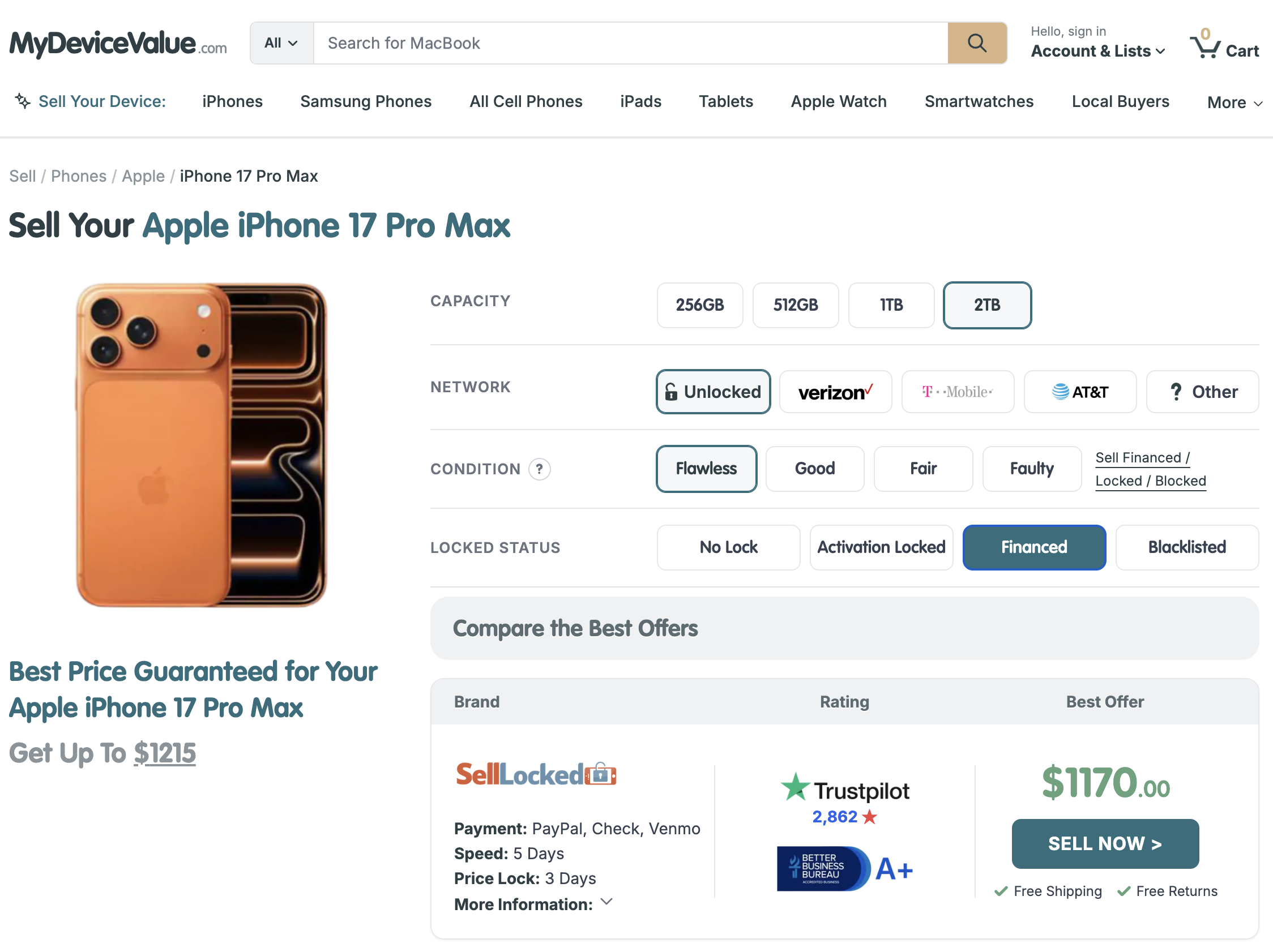 SellLocked price comparison on MyDeviceValue showing lock state filter chips: No Lock, Activation Locked, Financed, and Blacklisted